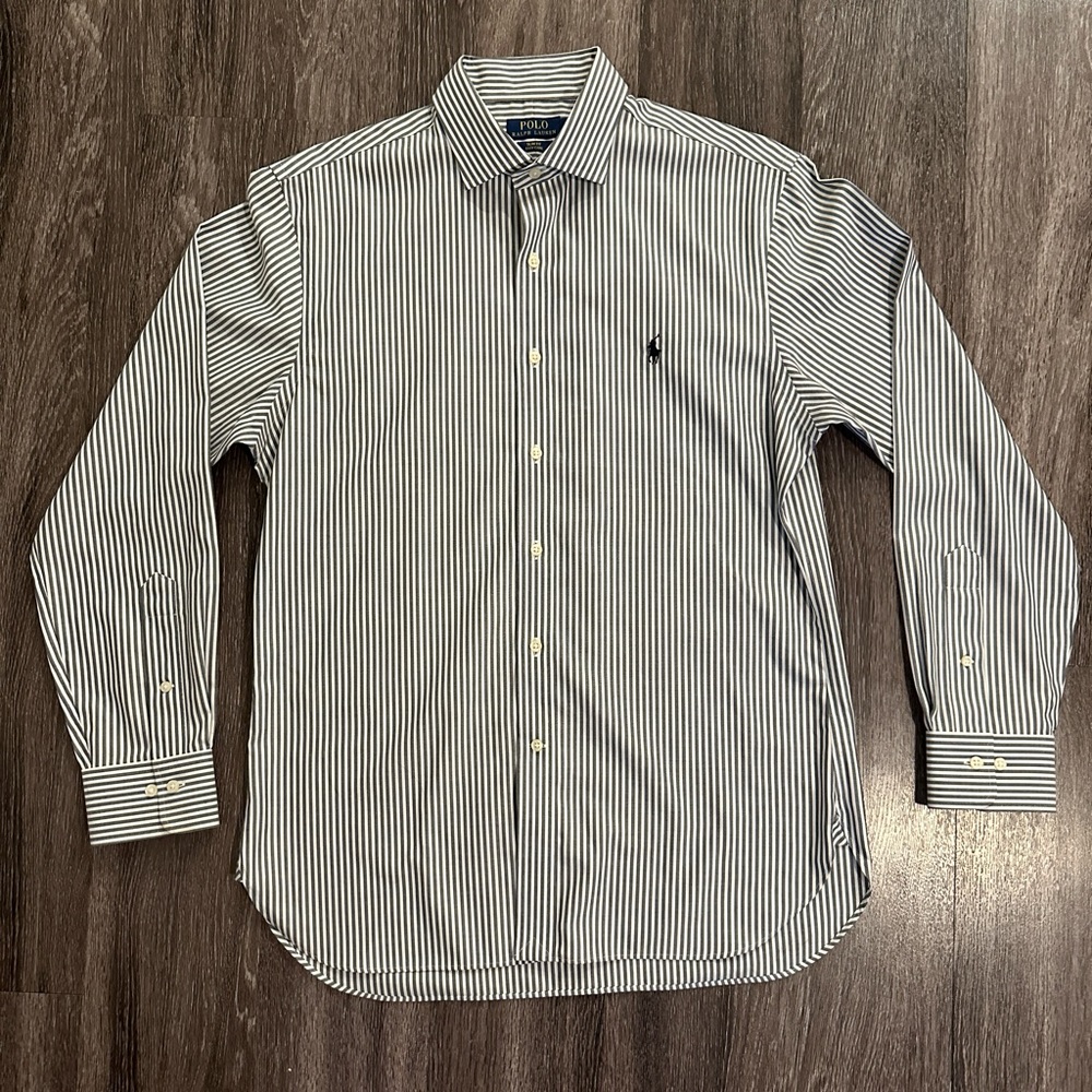 Men’s Ralph Lauren NWOT Button Up Striped Dress Shirt Size L Large Grey White